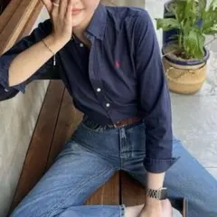 【美品】ポロラルフローレン大人気カラーネイビーリネンシャツオーバーサイズポニー