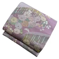 ユ199名古屋帯 博多織単帯　織物 花柄 正絹 着物帯　仕立て上り