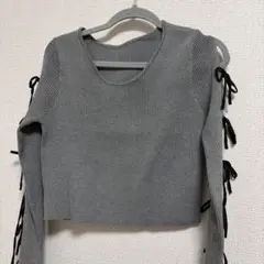 長袖 リブニット レースアップ グレー