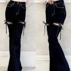 値下げ RESEXXY デニム パンツ リボン カットインディ ブラック S