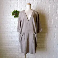 T069 自由区 スエード調 チュニック丈ワンピース38Mスタッズポケットグレー
