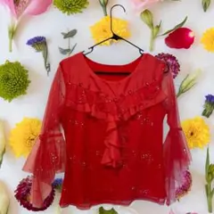 【美品】社交ダンス衣装 赤フリルトップス ストーン付