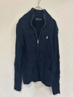 ラルフローレン ケーブル編みフルジップコットンニットセーター　ネイビー