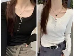 SHIEN 秋 ソリッドカラーニット長袖トップ Tシャツ　S