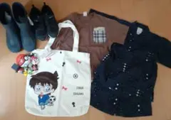男の子まとめ売り６点　名探偵コナントートバッグ、服、スニーカーなど未使用と中古