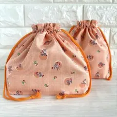 お弁当袋&コップ袋　花柄　フラワー　オレンジ　給食袋　巾着袋　入園　入学