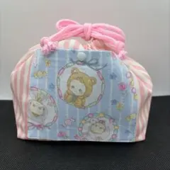 ハンドメイド　お弁当箱袋　ピンクストライプ　ポケット付き