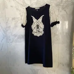 ネイビー レース半袖 Aライン　チュニック