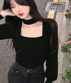 ブラック スクエアネック ニット