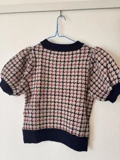 ハウンドトゥース柄 パフスリーブニット 半袖　Mサイズ