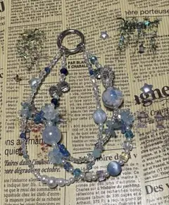 ハンドメイド バッグチャーム ブルー ビーズ 花