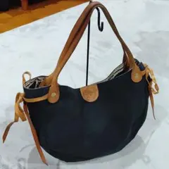 イルビゾンテ ラウンドリボン レザー&キャンバス トートバッグ 黒 革のサムネイル