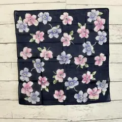 美品 ランセル ハンカチ ネイビー 花柄 ピンク 紺 ゴールド ロゴ 刺繍