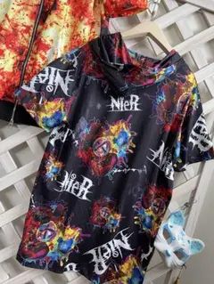 ⭐︎N ier 黒　カラフルグラフィック　ハーフさジッ　フード付きアウター
