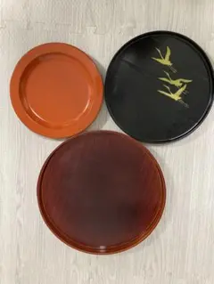 漆器 盆 3枚セット 鶴蒔絵 朱塗り 木目
