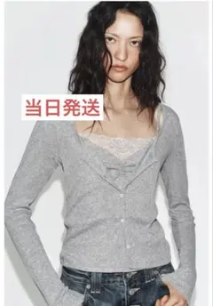 【完売品】ZARAレーストップコントラストジャケット グレーマール