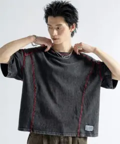 【PLAN To】ヴィンテージライクケミカルウォッシュカラーステッチTシャツ