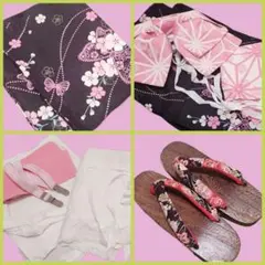 黒とピンクの花柄 浴衣・帯・下駄セット