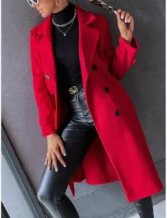 【新品】レッド ダブルブレスト ロングコート チェスターコート赤カラーコートXL