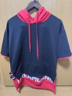 [Poperdision] メンズ　赤黒　半袖パーカー