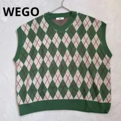 【WEGO】アーガイル柄 Vネック ニットベスト 緑 （M ）美品　ゆったり