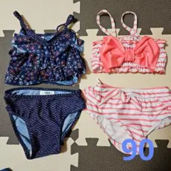 OLD NAVY フリル水着／ピンクリボンのボーダー水着　女の子ビキニ90