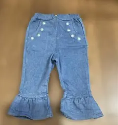 デニムブルー フレアパンツ 花刺繍