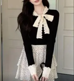 リボン付きブラックニットセーター SHEIN