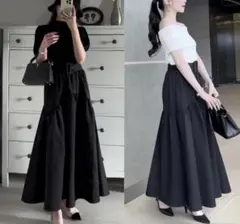 ブラック黒Sベルト付きウエーブギャザーフレアスカートGRLロングスカート