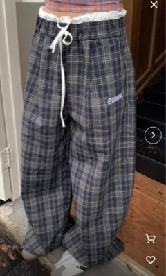 ワンポイントダブルウエストチェックワイドパンツ ウエストフリル