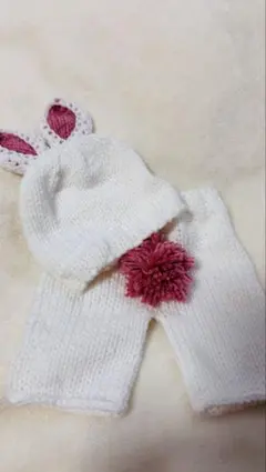 新生児 コスプレ衣装 ニューボーンウサギの耳付きニット帽とパンツセット