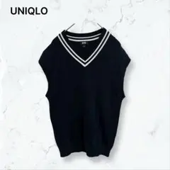 s293 ユニクロ Vネックニットベスト ネイビー S ラインデザイン コットン