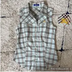 【美品✨】バーバリーブルーレーベル　ノースリーブシャツ　ロゴ刺繍　チェック　水色