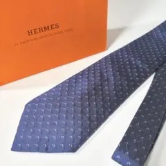 極美品 HERMES エルメス 総柄 ジャガード シルク ネクタイ ネイビー