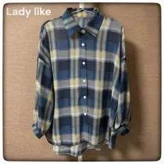 Lady like シアー オンブレ チェック 長袖 シャツ ブルー