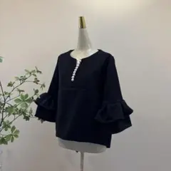 即購入可能です☆2段フリル袖パールワンピース☆ブラック 結婚式