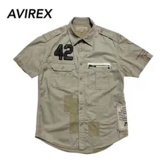 AVIREX レザーワッペン装飾 パッチワークミリタリーシャツ M 牛革のサムネイル