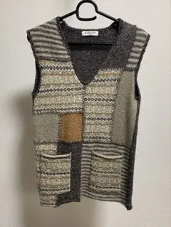 【CALINER】Vネック パッチワーク ウール 麻 綿 ニットベスト