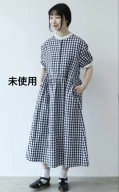 かぐれ オープンカラーギャザーワンピース リネン 半袖 チェック