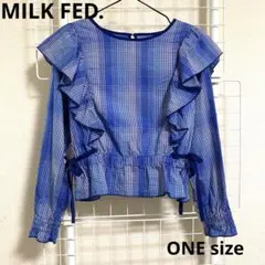 MILKFED. ブルー ギンガムチェック柄 カットソー フリル ギャザー Fのサムネイル