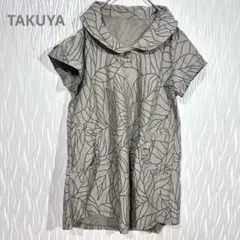 TAKUYA リーフ柄プリント 半袖チュニック カーキ色