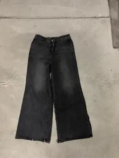 ブラック ワイドレッグデニム パンツ
