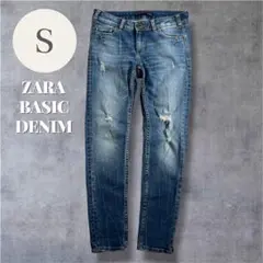 ザラ ZARA ダメージ加工 スキニー デニム S インディゴブルー 定番 美脚のサムネイル