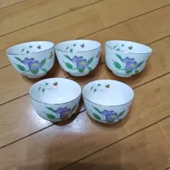紫色の花と蝶の湯飲み5個セット