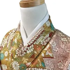 K136 三越 袷 お召し物 着物 小紋 化繊 洗える着物 花 緑 黄 赤茶