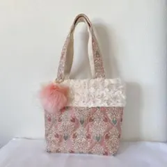 インド刺繍リボン&生地 大人気苺柄ピンク トートバッグ、持ち手長め