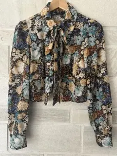 ZARA フラワープリント リボン付きブラウス S