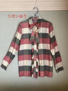 チェック柄リボン付き長袖シャツ(ハンドメイド) 昭和レトロ、ビンテージ