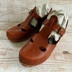 イタリア製 レザーサンダル 本革 ブラウン ストラップ 厚底 ウッド調 ミュール