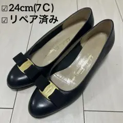 Salvatore Ferragamo 黒 リボン フラットパンプス　7Ｃ